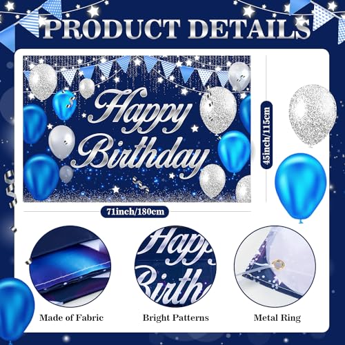 Image of Happy Birthday Banner - Birthday Decorations for Men Women Boys Girls Blue Sliver Birthday Party Banners Welcome Happy Birthday Background Sign Theme Party Decorations Indoor Outdoor