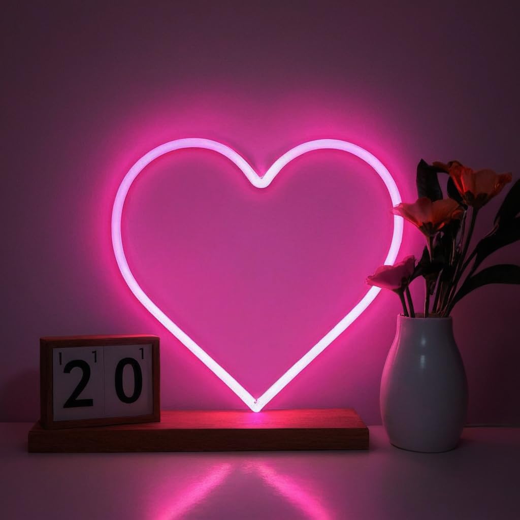 FULLBELL Pink Heart Neon Sign, LED Light Decoration Lamp, Battery or USB Powered, Table/Wall Decor (Pink, 1 Pack)