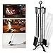 AMAGABELI GARDEN & HOME 5 Pieces Fireplace Tools Set Indoor Wrought Iron Fire Place Pit Large Poker Wood Stove Log Firewood Tongs Holder with Handles Modern Black Outdoor Accessories Kit