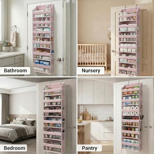 Image of HOMELUX THEORY UPGRADED 6 Tiers Over The Door Organizer Hanging - 100D EXTRA THICK & 50lbs HUGE CAPACITY, 12 Side Mesh Pockets Over The Door Shoe Organizer, Hanging Closet Organizer (Baby Pink, 2pc)