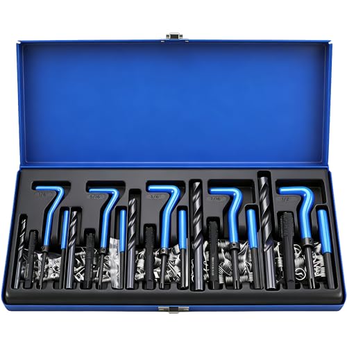 SEDY SAE Thread Repair Helicoil Kit - 131PC with HSS Drill Bits, Inserts, Taps, and Breakoff Tools for Rethreading on Metal, Engine, Pipe Repair - Sizes 1/4