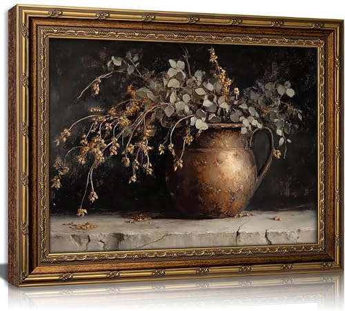 Vintage Gold Framed Canvas Wall Art Rustic Farmhouse 3D Textured Dark Floral Botanical Paintings Wall Decor Retro Dried Autumn Flower Country Still Life Poster Print Artwork for Living Room Bedroom