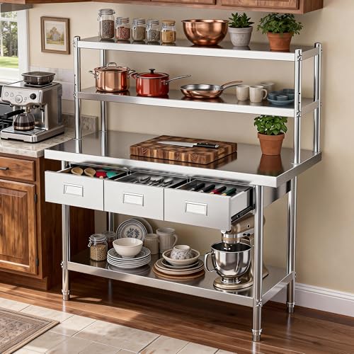 Image of DWVO 60x24in Stainless Steel Table with Adjustable Overshelf & 3 Drawers | NSF Metal Prep Worktable for Kitchen Restaurant Hotel Garage Warehouse Home Commercial