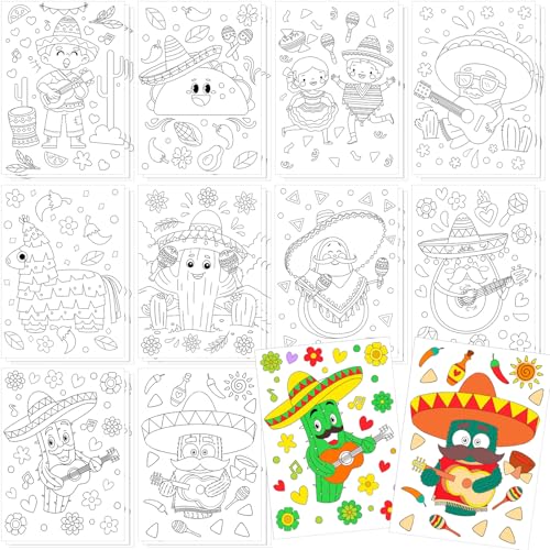 Zhanmai 30 Pcs Mexican Fiesta Coloring Posters Fiesta Party Favors Cactus Taco Sombrero Chili Guitar Painting Crafts for Mexican Independence Day Party Home Classroom DIY Activities