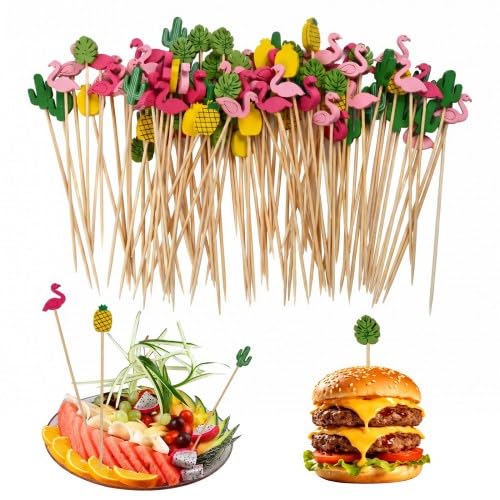 Merzio 100 Counts Bamboo Cocktail Sticks, Pineapple Flamingo Cactus Shaped Wooden Skewers, Cocktail Drink Accessories, Decorative Food Picks for Appetizers Fruit Burgers, Tiki Bar Party Decorations