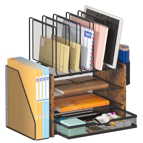 Piskyet Desk Organizer and Accessories, Wooden Desk File Organizer with