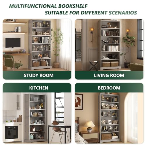 Image of TVU 6-Tier Wooden Bookshelf, 77.2 inch Tall Farmhouse Style Open Bookcase, 31.5 inch W Standing Book Shelf with Storage, Suitable for Study, Living Room, Office, Grey