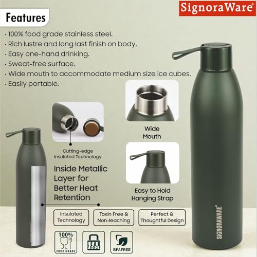 Image of SignoraWare Laguna Vacuum ISI Certified Stainless Steel Bottle | Airtight & Leakproof | Retain Freshness For Hours | Ergonomic Design | Ideal for School, Office, Gym Or Outdoors (950ml | Green)