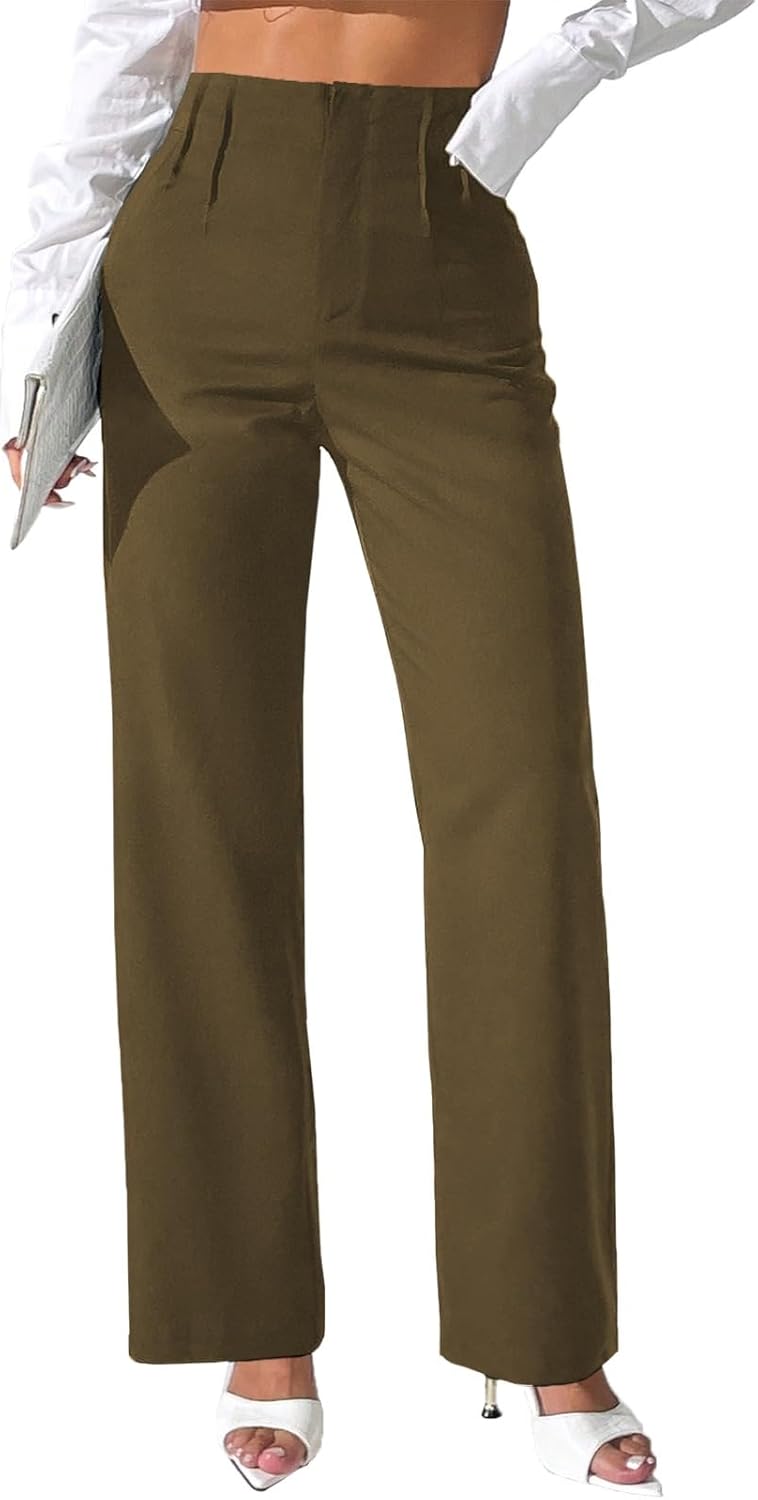 Pink Queen Women's Dress Pants Elastic High Waist Straight Leg Office Slacks Pull On Business Casual Trousers Work Pants