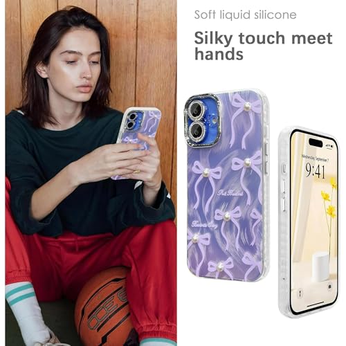 Image of VONZEE Compatible with iPhone 16 Plus 6.7'' Case Luxury Pink Girly Cute 3D Bow Pearl Glitter Bling Case with Full Camera Protection Shockproof PC+TPU Glossy Shiny Cover for Girls Women,Purple