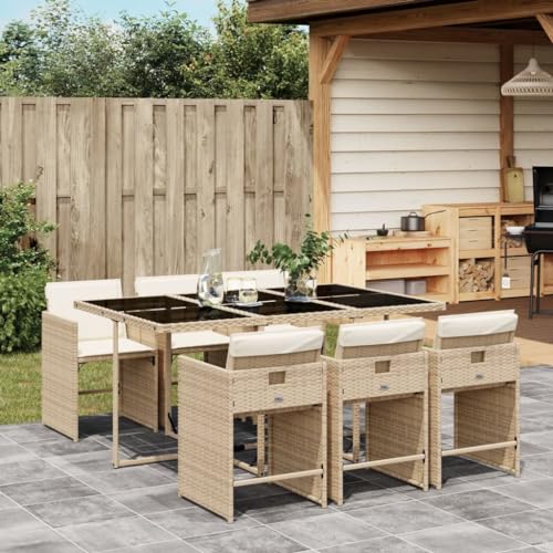Image of 6-Piece Patio Dining Set with Tempered Glass Table and High-Back Chairs, Modern Outdoor Furniture in Beige Poly Rattan and Black Steel Frame, Weather-Resistant Garden Seating