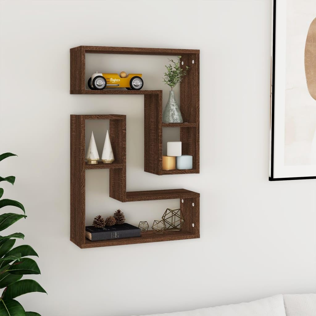 Set di 2 mensole da parete sospese, effetto rovere, 50 x 15 x 50 cm, in legno, con scomparti aperti, per soggiorno e ufficio, scaffali sospesi moderni per decorazioni e libri