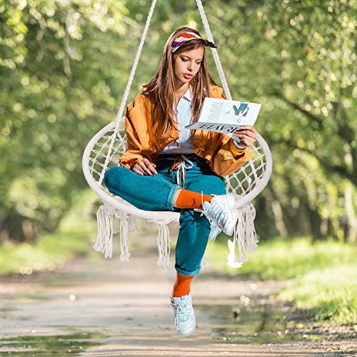 Super Deal Macrame Hanging Chair Swing Chair With Tassels, Bohemian Style Cotton Rope Mesh Hammock Chair For Indoor & Outdoor Perfect Decor And Relaxation Choice For Home, Garden, Patio, Yard #TOP1