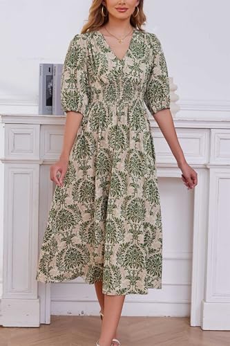 Image of Kormei Women Casual Boho V Neck 3 /4 Sleeve Smocked Waist A Line Flowy Swing Midi Dress Smocked Long Dress