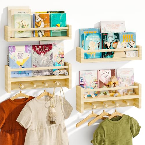 Image of Fixwal Nursery Book Shelves, Set of 4, 16.5 Inch Floating Bookshelves with Wooden Hooks for Nursery Decor, Solid Wood Wall Mounted Shelves for Books, Toys and Decor Storage (Natural Wood)