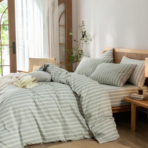 Image of BESTOUCH Striped Cotton Duvet Cover Set Linen Feel Twin | 100% Washed Cotton, Soft Wrinkle Texture, Hidden Zipper, 8 Ties, Breathable Lightweight Durable Comfy, 2 Pcs No Insert