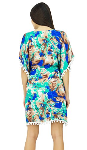 Bimba Womens Short Printed Caftan with Pom-Pom Beach Cover Up Designer Drawstring Kaftan2