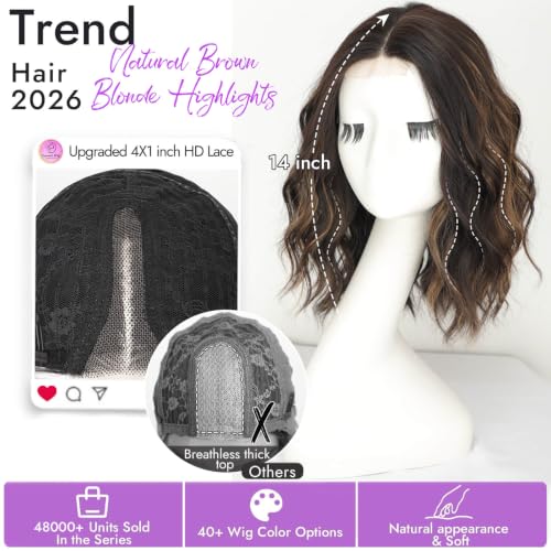 Image of Eawwii Natural Brown Blonde Wigs for Women,Short Wavy Synthetic Lace Wig