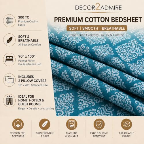 Image of DECOR2ADMIRE 400 TC Cotton Bedsheet with 2 Pillow Covers, Premium Damask Self Design Bed Sheet for Double Bed (Teal, Double King)