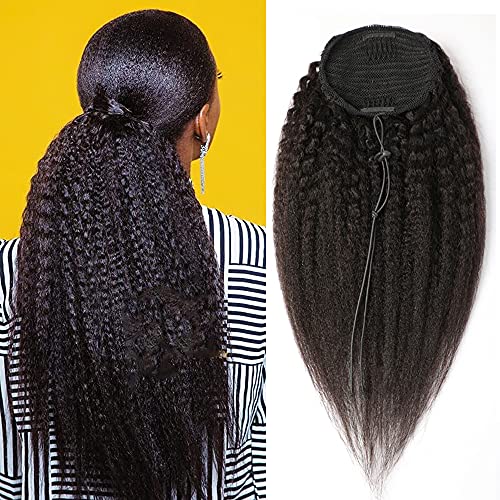 VIPbeauty Kinky Straight Human Hair Ponytail Extension Natural Yaki Straight Drawstring Ponytail Clip In Human Hair Pieces Pony Tail 16 Inch