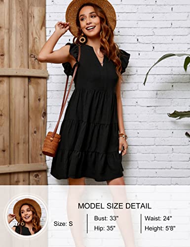 Blooming Jelly Womens Babydoll Dress Ruffle Beach Dress Summer V Neck Dress Flowy Mini Dress Sun Dress With Pockets (Large, Black) #TOP5