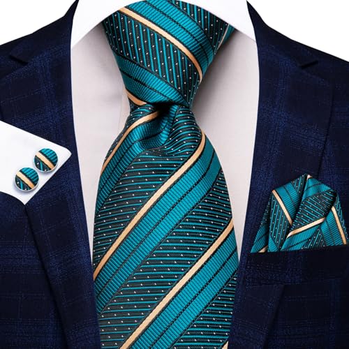 Image of Hi-Tie Silk Ties for Men Plaid Paisley Striped Necktie Pocket Square Cufflinks Set Formal Business