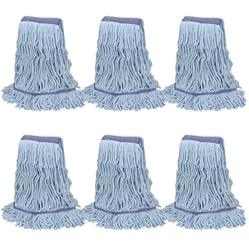 Image of Commercial Heavy Duty Mop Heads Replacement: 6 Pack Industrial Wet Reusable Mop Head for Floor Cleaning, Washable Refills Blue Cotton Looped End String Mopheads for General Maintenance
