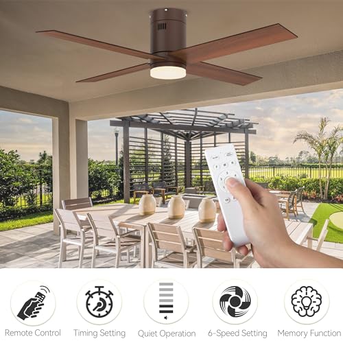 DWVO 52 Inch Flush Mount Ceiling Fan with Lights, Low Profile Reversible 4 Blade Ceiling Fan with Dimmable 3 Color Temperature, 6 Speed DC Motor, Memory Function for Bedroom, Living Room, Brown