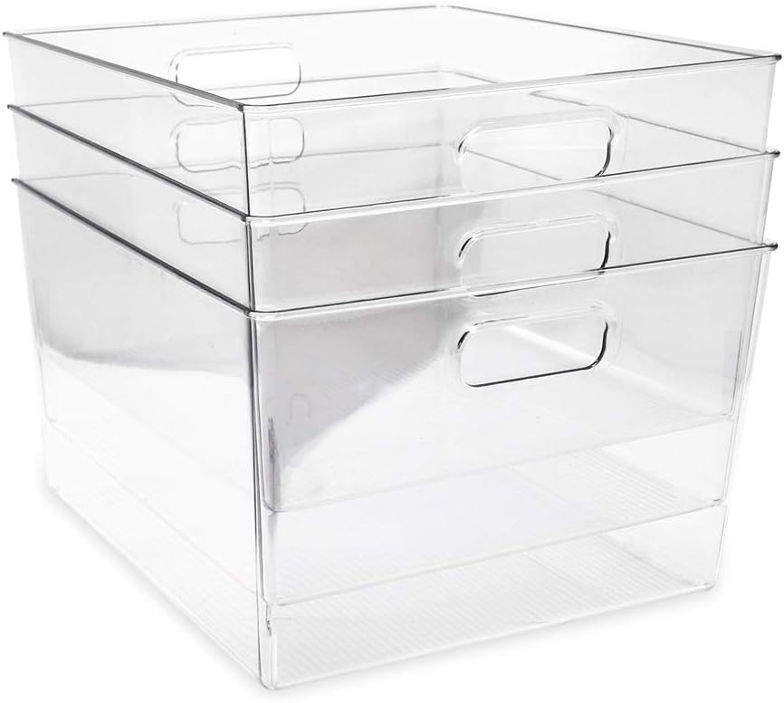 3-Pack XL Clear Storage Bins with Handles, Plastic Organizer for Office, Home, Kitchen, Pantry, Closet, Kids Room, Cube Shelf, Non-Slip Container Set (3-Pack, Extra-Large)