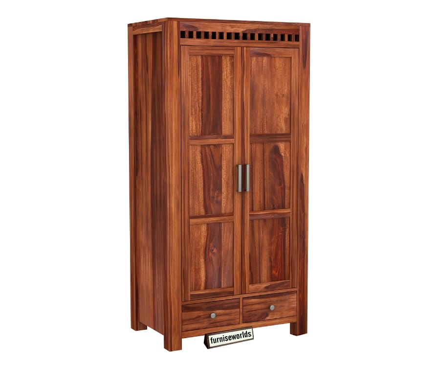 Image of Sheesham Wood Wardrobe with 2 Drawer and 4 Shelves Storage for Bedroom Wooden Almirah for Clothes for Living Room Bedroom Home, Solid Wood Furniture (Honey Finish)