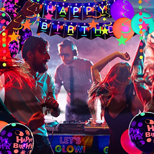 Deekin 396 Pcs Neon Birthday Party Supplies Include Glow In The Dark Tablecloth, Plates, Napkins, Balloon, Hanging Swirls Garlands, Birthday Banner, Cake Topper Blacklight Decoration, Serves 40 Guests #TOP3