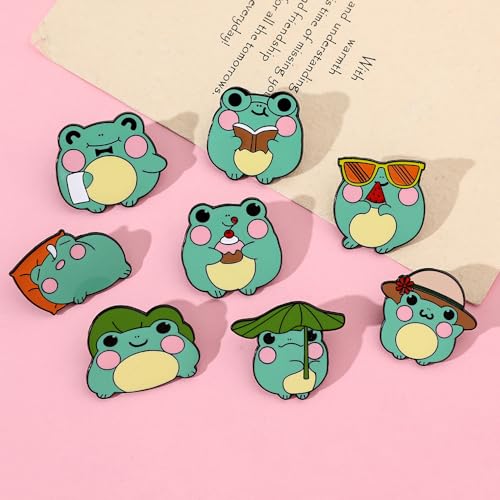 Image of 8 Pieces Green Brooch Pin Pack Fun Frog Emoji Brooch Happy Frog Charm Cute Jewelry Charm Enamel Frog Anime Pins For Backpack Jacket Pins for Teens