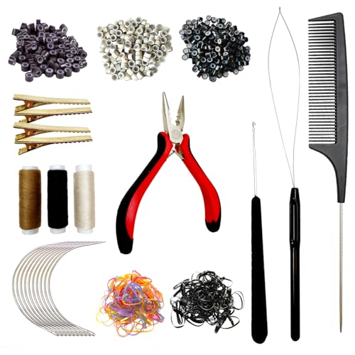 Sew in Hair Extensions Kit, Microlink Tool Kit with 600 Silicone Nano Microbeads, 1 Extension Plier, 3 Rolls of Sewing Thread, 2 Hair Pulling Loops, 10 Crochet Hooks, 4 Clips, 1 Comb, 200 Rubber Bands