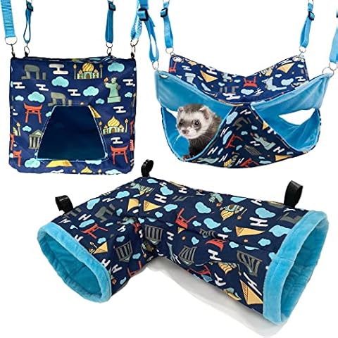 Ferret Hammock Set for cage Cage Accessories 3 Style,Ferret Double Hammock or Square House and Tunnel Bed for Guinea Pig Ferret Toy(Blue) Cover