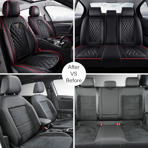 Image of Car Seat Cover Fit 98% of MINI 2000-2025,Premium Nappa Leather Breathable Waterproof Sports Seat Cover,Easy to Install Automotive Seat Covers Full Set（Black & RED LINE）