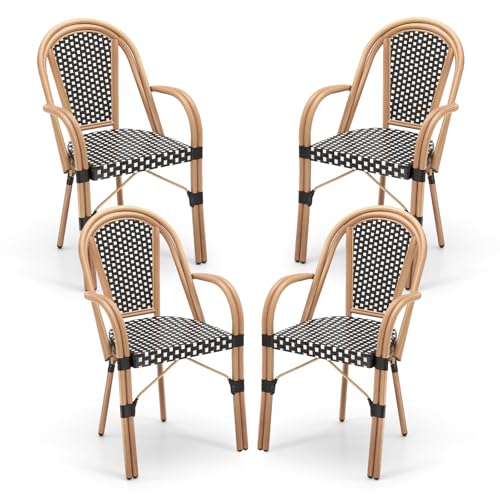 Tangkula Outdoor French Bistro Chairs Set of 4, Hand-Woven PE Wicker Patio Chairs with Armrests, Outdoor Dining Armchairs with Galvanized Metal Frame for Porch, Garden