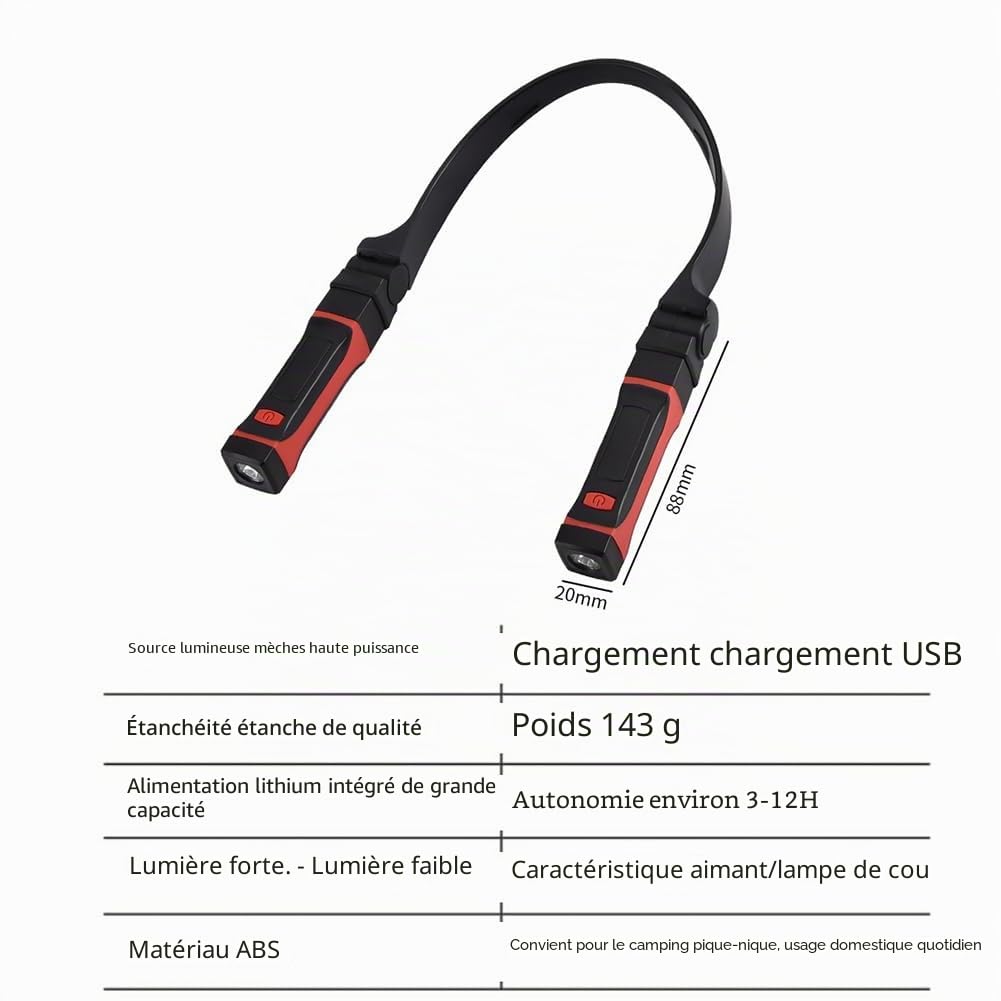 Lampe de cou détachable rechargeable, lampe de travail LED avec base magnétique, lumière de mécanicien mains libres, autour du cou