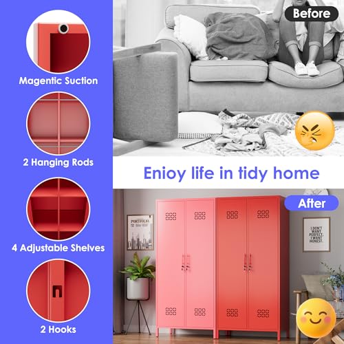 Image of Aobabo Metal Wardrobe Closet with 2 Doors, Metal Wardrobe Cabinet with 4 Adjustable Shelves and 2 Hannging Rods, Storage Locker for Home, Red, Assembly Required