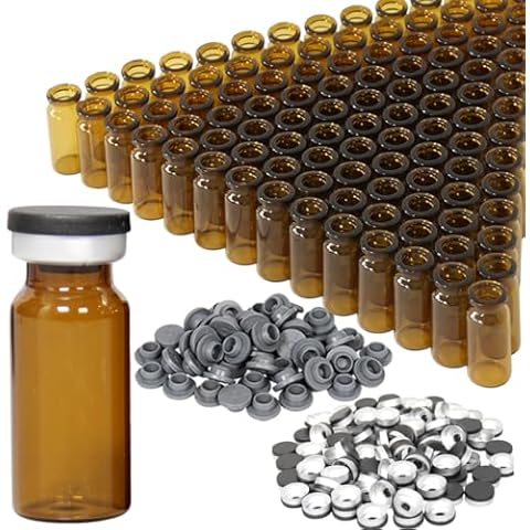 10ml Amber Glass Vials-2-1/2 Dram Amber Glass Headspace Vials with Black Plastic-Aluminum Flip Caps and Rubber Injection Stoppers, 100 Pack, 20mm Flat Bottom Lab Vial Cover