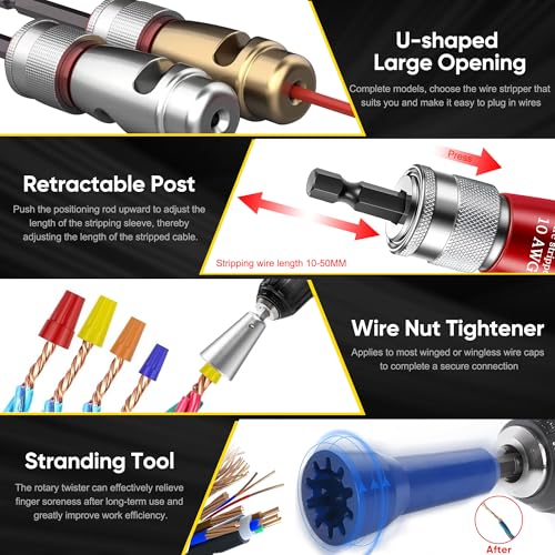 US Regulations Wire Stripping for Drill, Wire Stripping Tool & Wire Twisting Connector Set, Wire Twister Tool for Drill, 8 in 1 Quickly Drill Wire Stripping Professional Electrician Tools Set（8pcs）