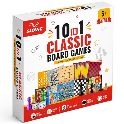 Image of Slovic 10-in-1 Board Games Set for Kids & Family | Indoor Strategy & Educational Toys for Children | Includes Chess, Ludo, Snakes & Ladders, Checkers, Business Money Game & More | Ages 5+