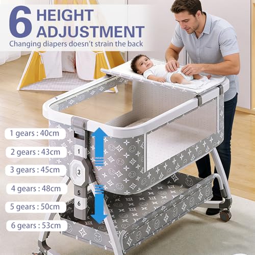 BOOM Baby Bassinet Bedside Sleeper with Memory Foam & Changing Table – 6-Height Adjustable Crib, Full Mesh Sides, Large Storage, Portable Travel Cradle with Swivel Wheels for Newborn to 3 Years