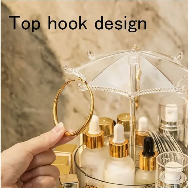 Image of Round Shaped Dust-proof Cover Transparent Rotating Cosmetic Storage Rack - Large Capacity 2-Layer 360 Rotating Makeup & Skincare Organizer with Umbrella Stand - Clear Display (Pack of 1)
