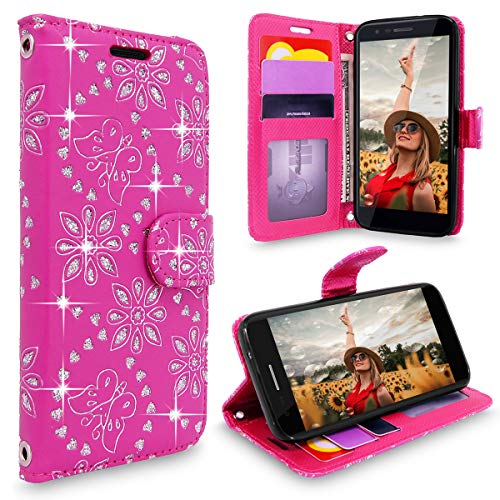 Cellularvilla LG K30 Case/Premier Pro LTE Case/ K10 2018 Case, [Card Slot] Pu Leather Wallet Case [Wristlet] [Stand Feature] Flip Protective Shell Cover for LG K10 2018 (MS425) (Pink Glitter)