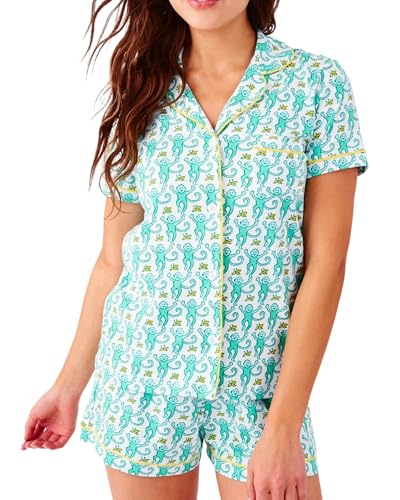 Image of Womens Y2k Preppy Pajamas Set, 2 Piece Button Down Monkey Beach Shorts Set Holiday Vacation Loungewear Pjs for Jammies Back to School Party Birthday Gifts(Zesty Mint, Small)