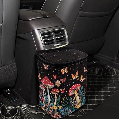 Image of Butterfly Mushroom Car Trash Can with Lid car Accessories Leak Proof Car Trash Bag Hanging Car Garbage Can Multipurpose Storage Container for Back Seat Road Trip
