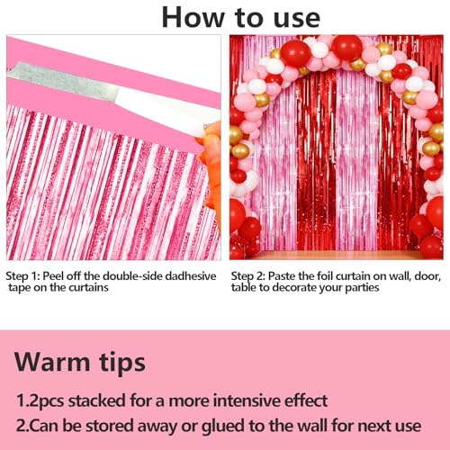 Image of 4 Packs Pink and Red Foil Fringe Curtain, Pink Red Metallic Tinsel Backdrop for Birthday, Baby Shower, Princess Bachelorette Party, Valentines Party Decorations Supplies