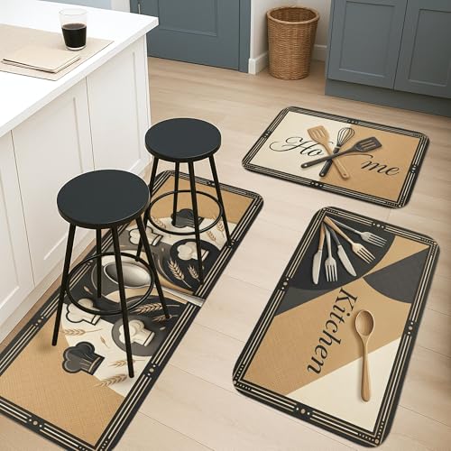 Tapis de cuisine lot de 3 beiges style vintage et moderne pour sol d'évier