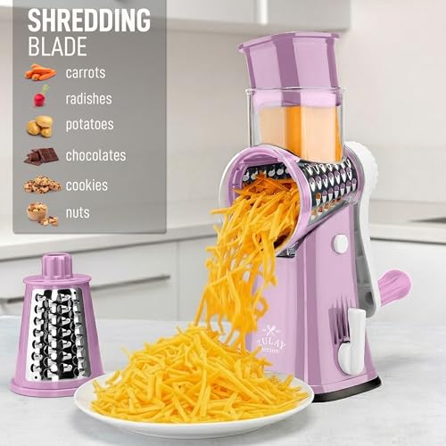 Image of Zulay Kitchen Rotary Cheese Grater 5 Blade Cheese Shredder - Manual Hand Crank Cheese Grater With Reinforced Suction & 5 Interchangeable Drums - Easy to Use, Vegetable Chopper Round Mandoline Slicer