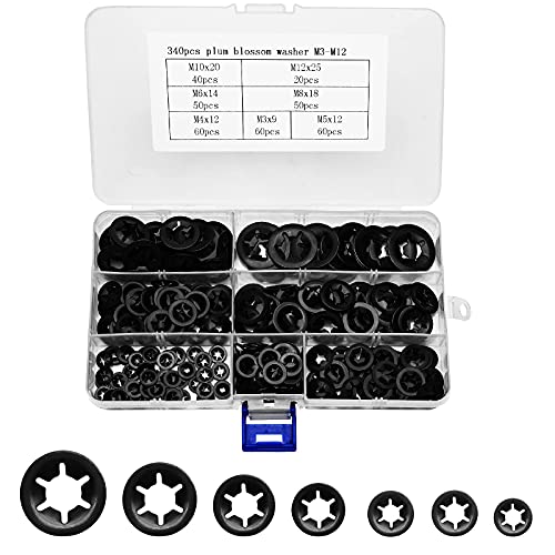Rondelles de Blocage Universel Rondelle de Verrouillage M3 M4 M5 M6 M8 M10 M12 Rapide Pousser Fixations Assortment Kit avec Boîte Rondelles Autobloquante avec Boîte, Noir 340 Pièces